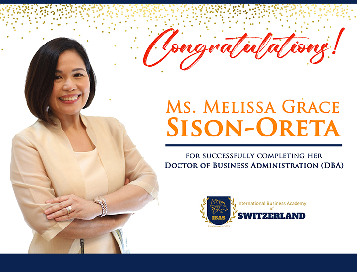 Congratulations to Ms. @Melissa Grace Sison-Oreta for successfully completing her DBA degree at the IBAS.